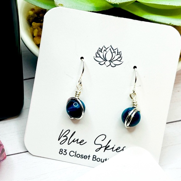 Blue Green Tigers Eye Silver Wire Wrapped Earring with Sterling Silver Hooks - Picture 3 of 4